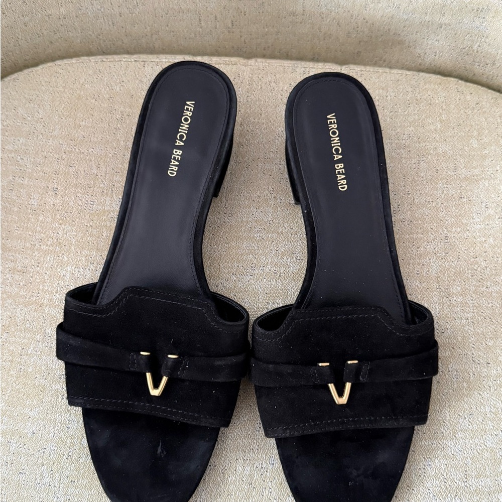 Veronica Beard Black Suede Slide Sandals with Gold Accent